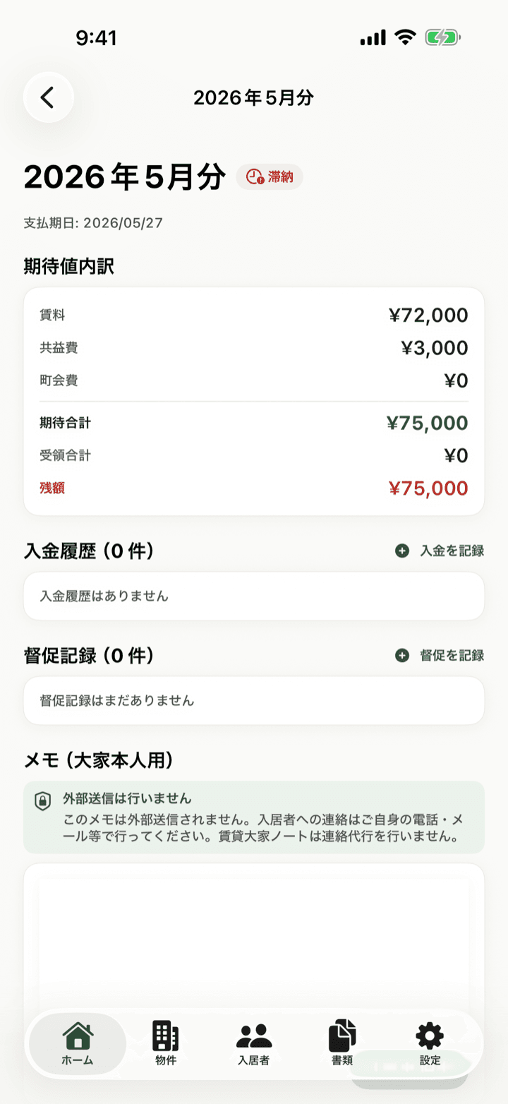 家賃台帳の月次明細画面（賃料内訳・残額・入金履歴・督促記録）